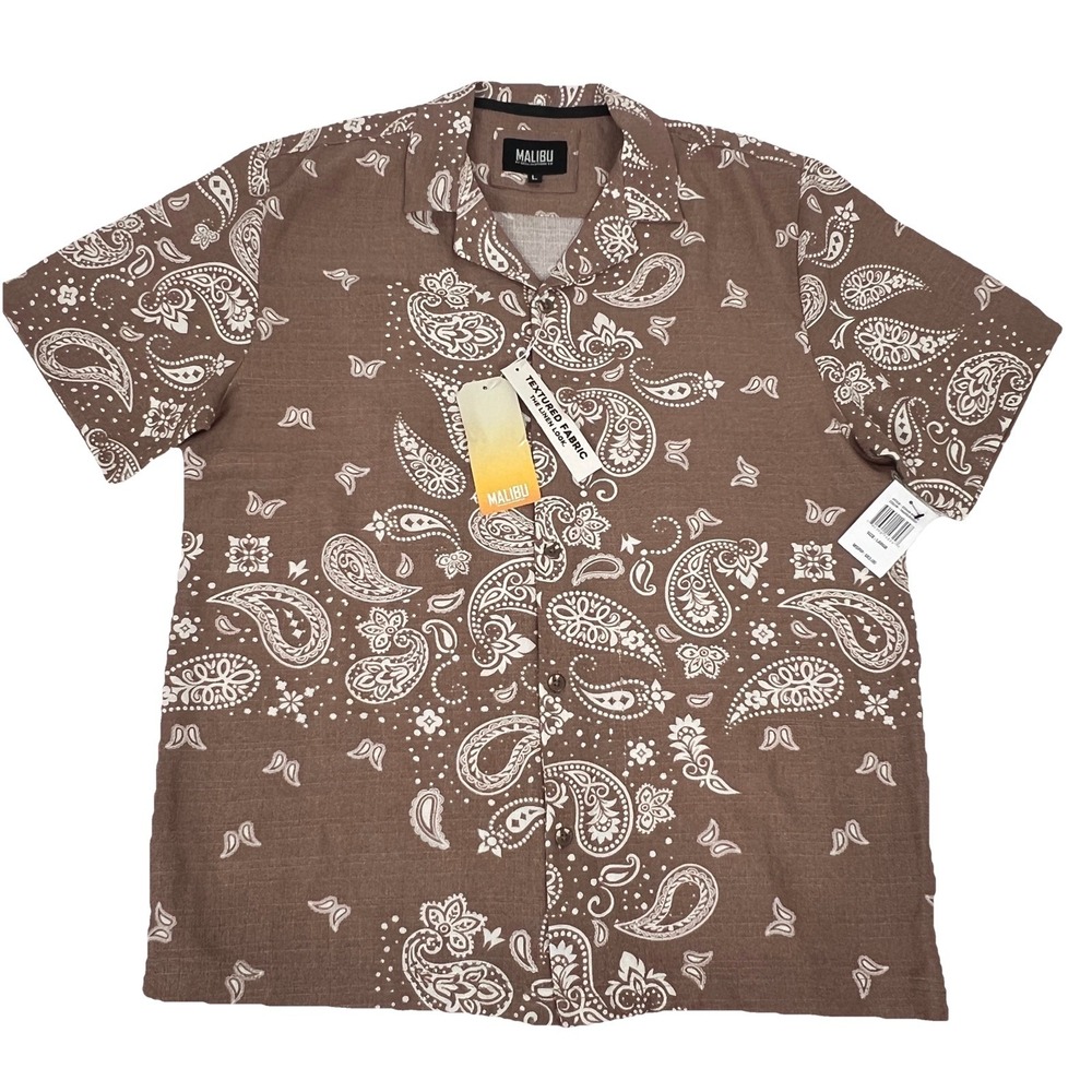 MALIBU By Drill Clothing Co Mens L Linen Look Short Sleeve NWT Button Up Paisley